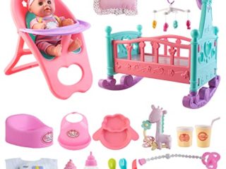 deAO Mi Primera Muñeca Bebé Conjunto Incluye Muñeca de 14” con Pijama, Cuna con Móvil y Ropa de Cama, Trona, Sonajero, Orinal y Más Accesorios (Multicolor 2)