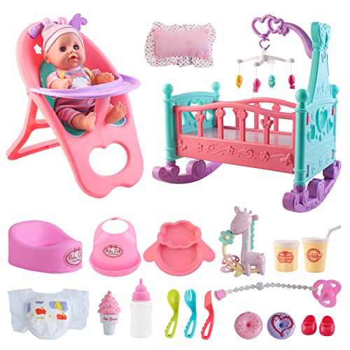 deAO Mi Primera Muñeca Bebé Conjunto Incluye Muñeca de 14” con Pijama, Cuna con Móvil y Ropa de Cama, Trona, Sonajero, Orinal y Más Accesorios (Multicolor 2)