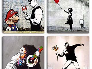Degona - Cuadros modernos Banksy - 4 unidades de 30 x 30 cm cada una Impreso sobre lienzo, arte abstracto, XXL, para decorar el salón, dormitorio, cocina, oficina, bar o restaurante.