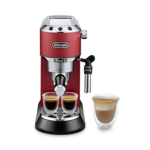 De'longhi Dedica - Cafetera de Bomba de Acero Inoxidable para Café Molido o Monodosis, Cafetera para Espresso y Cappuccino, Depósito de 1.3 Litros, Sistema Anti-goteo, EC685.R, Rojo