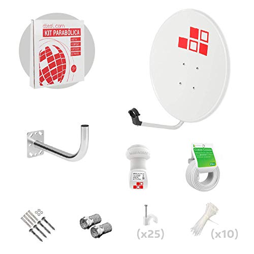 Diesl.com - Kit Antena parabolica de Television satélite Astra Digital - 60cm + LNB Single 4k + Soporte + 20 Metros de Cable + Tacos a Pared + Conectores + 10x Bridas