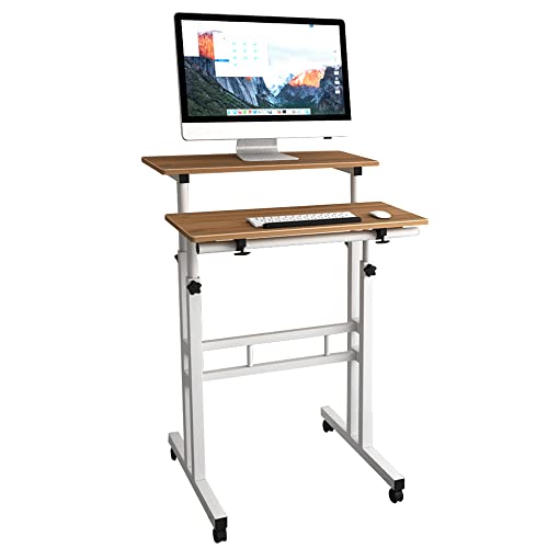 DlandHome Escritorio de Computadora Adjustable Mesa de Ordenador con 2 Estantes Mesa Auxiliar con Ruedas Escritorio de Pie de Altura 70-115cm Escritorio Multifuncional, Roble