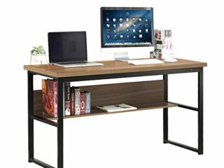 DlandHome Mesa de Ordenador Escritorio de Oficina con Estantes Mesa Escritorio para Tabajo, Estudio, 139 * 55 * 74cm, Teca & Negro