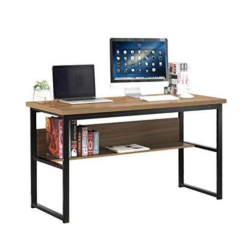 DlandHome Mesa de Ordenador Escritorio de Oficina con Estantes Mesa Escritorio para Tabajo, Estudio, 139 * 55 * 74cm, Teca & Negro