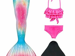 DNFUN Traje de baño de Cola de Sirena para niñas con Princesa de Sirena Traje de baño de Cosplay para Nadar con Bikini y Monofin, Juego de 4