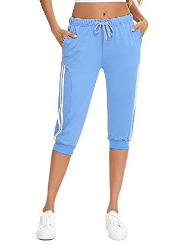 Doaraha Pantalones Pirata de Running Mujer Pantalón Capri Pants Deportivos 3/4 Capris Chándal Cintura Alta con Bolsillo para Deporte Yoga Fitness Correr Entrenamiento (Cielo Azul, XL)