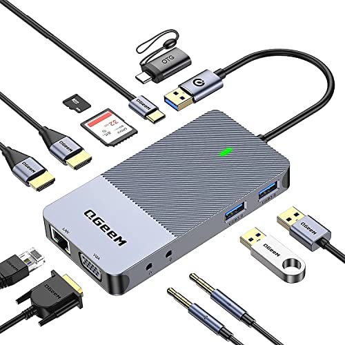 Docking Station, QGeeM USB C Hub 3.0 to Dual HDMI VGA Adapter,Triple Display USB C Docking Station Dual Monitor Compatible with MacBook,DELL,HP,ThinkPad,All USB 3.0 Laptop USB C Dock