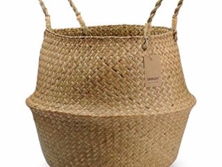 DOKOT Natural Seagrass Mimbre Cesta de Cesteria, Cestos para la Colada con Asa, Cesta Plegable para el Vientre Maceta, Decoracion para el Hogar Almacenar Juguetes, Ropa, Fruta o Plantas 27 x 24cm
