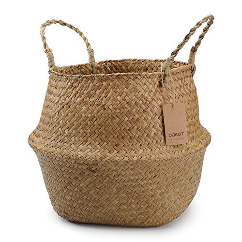 DOKOT Natural Seagrass Mimbre Cesta de Cesteria, Cestos para la Colada con Asa, Cesta Plegable para el Vientre Maceta, Decoracion para el Hogar Almacenar Juguetes, Ropa, Fruta o Plantas 22 x 20 cm