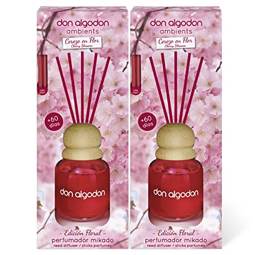 Don Algodon Ambients Ambientador Mikado Flor de Cerezo. Difusor de varillas 0% Alcohol, +60 días duración. (Pack 2 uds. x 60 ml)