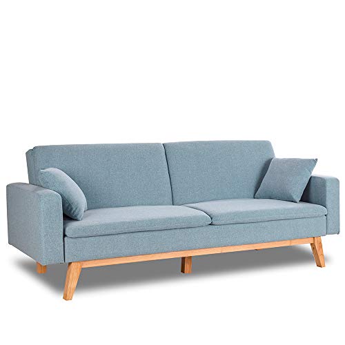 Don Descanso, Sofá Cama 3 plazas Reine, Tapizado en Tela, Color Azul Celeste, Sistema Apertura de Libro o Clic-clac, Medida sofá: 201x73x79 cm, Medida Cama: 201x99x42 cm, Incluye 2 Cojines