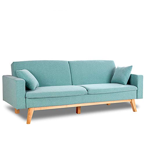 Don Descanso, Sofá Cama 3 plazas Reine, Tapizado en Tela, Color Verde Menta, Sistema Apertura de Libro o Clic-clac, Medida sofá: 201x73x79 cm, Medida Cama: 201x99x42 cm, Incluye 2 Cojines