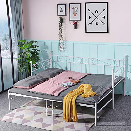 DORAFAIR Cama de día Doble Marco de Cama de Metal con Cama extraíble, Blanco 190 x 177 x 95 cm