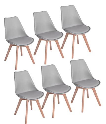 DORAFAIR Pack 6 Sillas de Comedor Estilo Nórdico Silla Escandinava con Las piernas de Madera de Haya Maciza y Cojín Cómoda,Gris