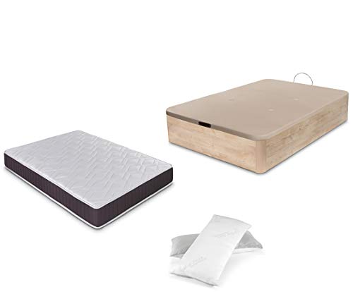 DORMIDAN - Pack de canapé abatible de Gran Capacidad + colchón viscoelástico + Almohada visco Copos de Regalo (105_x_190_cm, Roble)