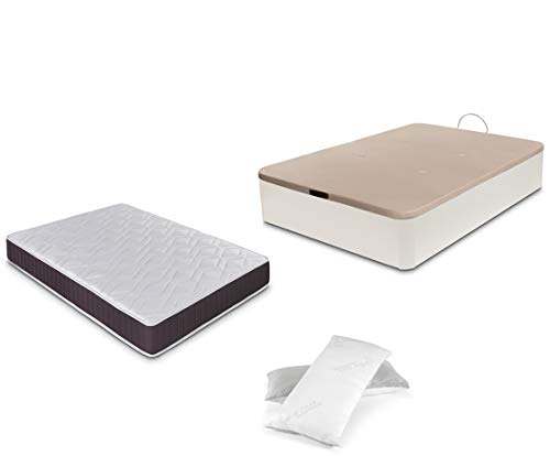 DORMIDAN - Pack de canapé abatible de Gran Capacidad + colchón viscoelástico + Almohada visco Copos de Regalo (150_x_190_cm, Blanco)