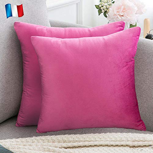 Douceur De Plumes Juego de 2 Fundas de cojín Rosa Fucsia 45x45 Terciopelo Decorativo Liso, Suave y Moderna Funda de Almohada Cuadrada, decoración escandinava Sala, sofá, Dormitorio (2 Rosa Fucsia)
