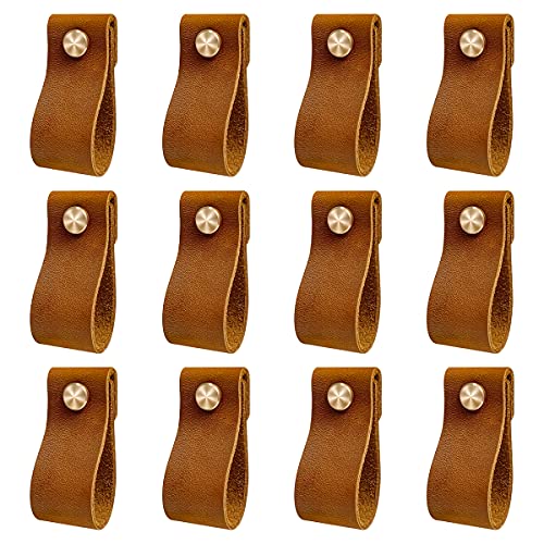 DOXILA - 12 unidades Tiradores de piel para muebles , tirador de mueble artesanal, tirador de cuero mueble para alacenas, armarios, cajones, cocinas y puertas. (Marrón rojizo)