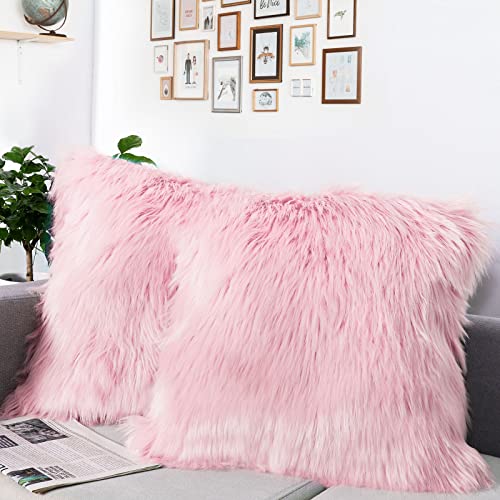DQMEN 2Pcs Funda Cojines, Funda Almohada de Suave Piel sintética de Lana, Cojín Cubierta Tiro Funda de Almohada Sofá Decoración 45cm x 45cm (2Pcs Rosa, 45 x 45cm)