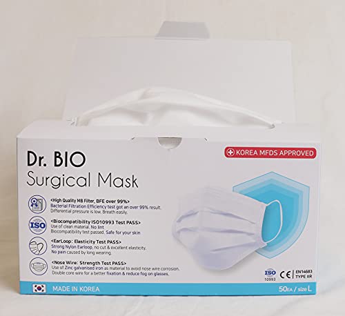 Dr.BIO Nuevas Mascarillas Quirúrgicas Tipo IIR con LOGO - Fabricadas en Corea - Filtración> 99% - Certificadas y homologadas CE - 50 unidades - Color Blanco