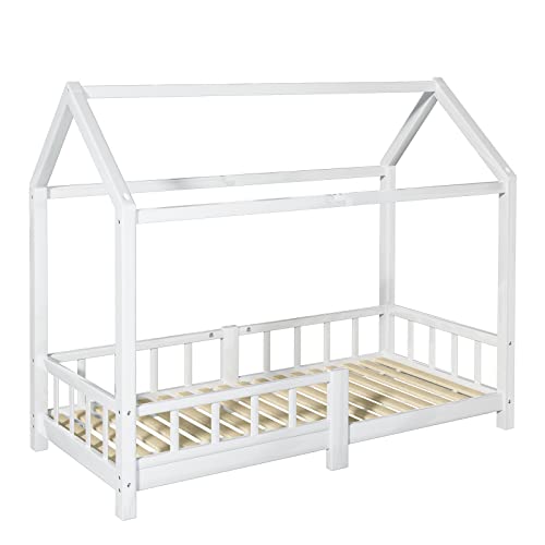 Dreamhigh® Cama Infantil 90x200 cm Montessori - Cama casita con Barrera - Estructuras de Cama de Madera Blanca para niñas y niños