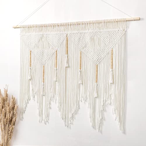 Dremisland Macramé Tapiz de Pared Grande Bohemio Colgante de pared Cuentas Madera Arte Borla Cuerda de Algodón Decoración de Pared Cortina para Sala de Estar Apartamento Telón de Fondo,97.5x115cm