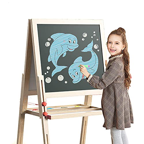 Dripex Pizarra Infantil Caballete de Madera 2 en 1, Pizarra para Niños Caballete, Doble Cara Ajustable en Altura, con Tiza y Esponja, Juegos Educativos Regalos para Niños (59 x 59 cm)