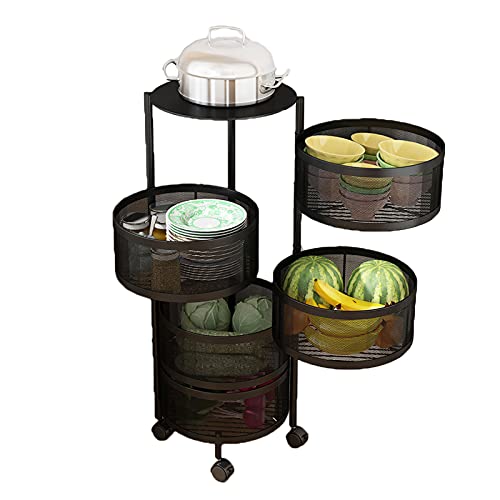 DROMEZ Carrito de Cocina Redondo Metal, Carro de Cocina Giratorio Negro con Bloquear Ruedas Cestas, Almacenaje de Cocina Multiuso para Dormitorio Oficina Baño,5 Layer