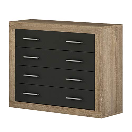 duehome Comoda 4 cajones, chinfonier Dormitorio Modelo Lara, Color Cambria y Grafito, Medidas: 98 cm (Ancho) x 81,5 cm (Alto) x 39,6 cm (Fondo)