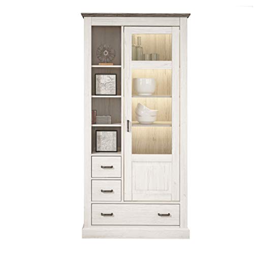 duehome Vitrina 3 Cajones + 1 Puerta con Luces Led, Mueble Auxiliar de Salon o Comedor, Modelo Irma, Acabado en Andersen Pino y Gris, Medidas: 204 cm (Alto) x 99 cm (Largo) x 42 cm (Fondo)