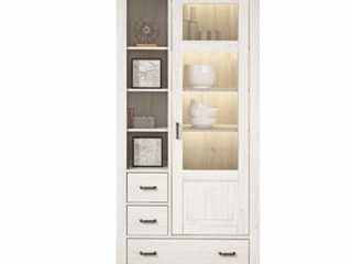 duehome Vitrina 3 Cajones + 1 Puerta con Luces Led, Mueble Auxiliar de Salon o Comedor, Modelo Irma, Acabado en Andersen Pino y Gris, Medidas: 204 cm (Alto) x 99 cm (Largo) x 42 cm (Fondo)