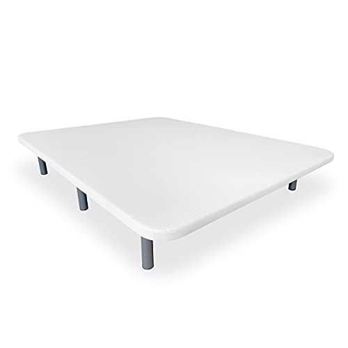 DUÉRMETE ONLINE Base Tapizada 3D Reforzada, Anti Ruido con 5 Barras de Refuerzo 6 Patas metálicas roscadas de 27cm, Blanco, 135x190
