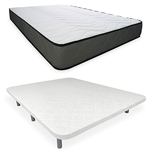 DUÉRMETE ONLINE Base Tapizada Reforzada Anti Ruido con 5 Barras de Refuerzo + Colchón Viscoelástico Elda Reversible + 6 Patas metálicas roscadas de 27cm, Blanco, 135 X 190