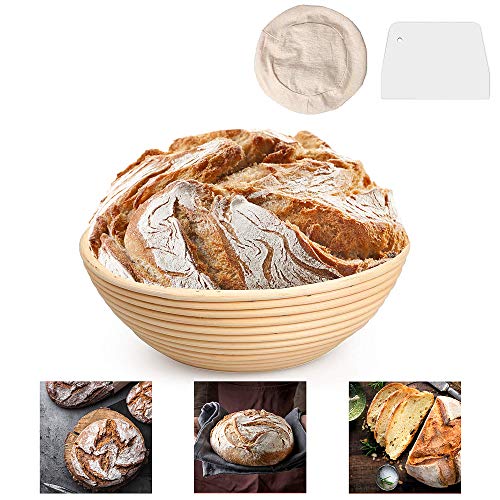 DUTISON cesta de pruebas con la forma de pan brotschief, 25 x 8,5 cm Tablero de fermentación del tubo de peddig natural redondo con raspador de masa para pan hasta 1 kg de masa