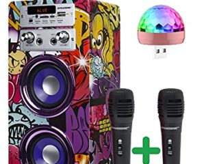 DYNASONIC - (3ª Gen) Altavoz Bluetooth Portatil con Modo Karaoke y Micrófono, Radio FM y Lector USB SD (Modelo 12, Luces Discoteca)