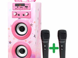 DYNASONIC (3º Generación)- Altavoz Bluetooth Portatil Karaoke con Micrófonos Incluidos | Lector USB y SD, Radio FM Modelo 025 (Rosa Brillante)