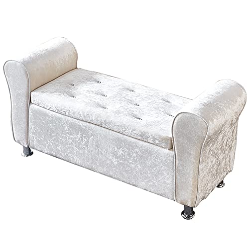 DYPXG Lujoso Banco de Zapatos de Entrada Moderno de Terciopelo para Sala de Estar,reposapiés otomano de Felpa,Banco de Almacenamiento tapizado de Terciopelo con Brazos-Blanco 100x40x40cm