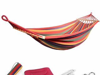 EASY EAGLE Hamaca Colgante de Tela con 80CM Travesaños de Madera, 220x160CM Hamacas Grande para Jardín Acampada Exterior, 300KG Carga, Rayas del Arco Iris
