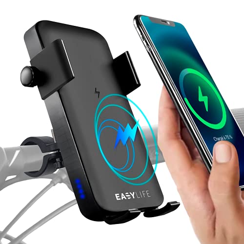 Easy-Life Porta Movil Bicicleta Batería Externa Wireless, per induccion para Patinete, Moto, Scooter, ATV. Soporte telefono para Bici con Power Bank de induccion y Cable