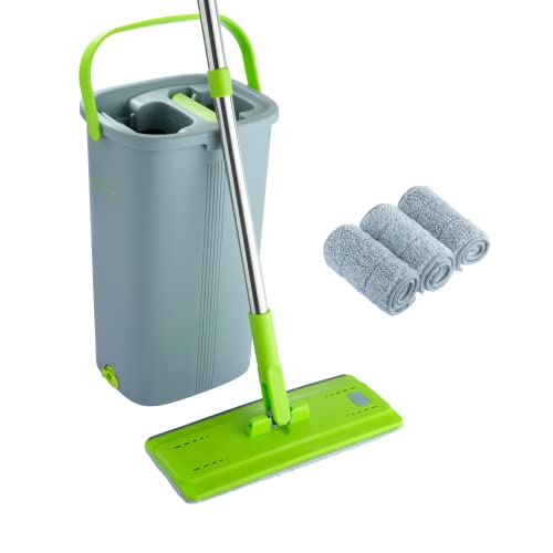 EasyGleam Cubo y Mopa Fregona - Mopa Microfibra, Mango de Acero Inoxidable, Innovador Cubo Doble Compartimento Mojado/Seco – 4 Repuestos Mopa Reutilizables Incluidos, para Todo Tipo de Suelos