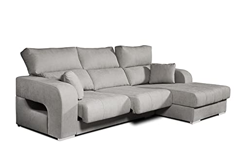 ECCOX - Sofá Chaise Longue Diamante 3 Plazas - Asientos Deslizantes y Cabeceros Reclinables - Desenfundable - Cojines a Juego Incluidos - Chaiselonge Derecha Tapizado en Tela Antimanchas - Color Gris