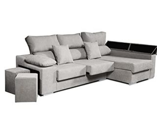 ECCOX - Sofá Chaise Longue Rubí 3 Plazas - Asientos Deslizantes, Cabeceros Reclinables y Arcón de Almacenaje - Cojines y Pufs Incluidos - Chaiselonge Derecha Tapizado en Tela Antimanchas - Color Gris