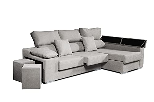 ECCOX - Sofá Chaise Longue Rubí 3 Plazas - Asientos Deslizantes, Cabeceros Reclinables y Arcón de Almacenaje - Cojines y Pufs Incluidos - Chaiselonge Derecha Tapizado en Tela Antimanchas - Color Gris