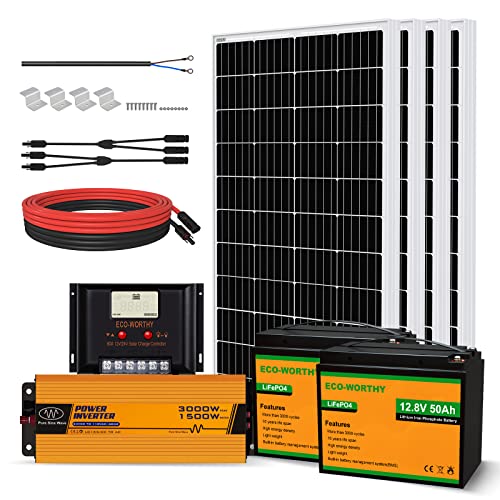 ECO-WORTHY 2kW·h/día Kit Panel Solar con Inversor y Batería 480W 24V Fuera de la Red para RV/Doméstico: 4 Paneles solares 120W + Controlador de 30A + 2 Batería de litio de 50Ah + Inversor 1500W 24V
