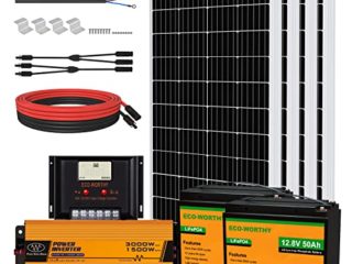 ECO-WORTHY 2kW·h/día Kit Panel Solar con Inversor y Batería 480W 24V Fuera de la Red para RV/Doméstico: 4 Paneles solares 120W + Controlador de 30A + 2 Batería de litio de 50Ah + Inversor 1500W 24V