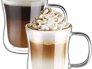 Ecooe 2x350ml Tazas de Café de Cristal,Vasos de Doble Pared con Asa,Tazas de Vidrio Borosilicato para Té,Café,Leche,Latte,Macchiato