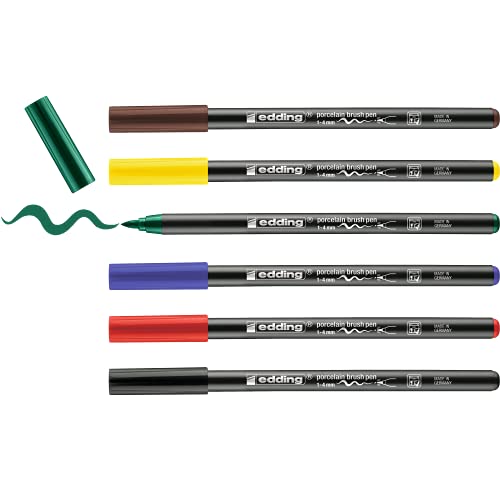 edding 4200 rotulador con punta de pincel para porcelana - multicolor - 6 rotuladores - punta de pincel de 1-4 mm - pintar y decorar cerámica - tinta resistente a la luz y lavavajillas, secado rápido