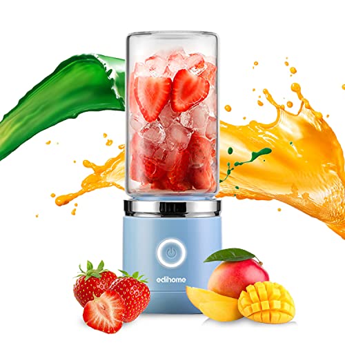 Edihome, Batidora Portátil, Licuadora para Verduras y Frutas, 380 ml, Mini Batidora para Smoothie, Blender, Recargable por USB, 2000mA (Blue)