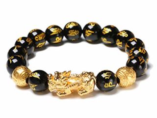 Edinber Pulsera de riqueza de obsidiana negra,Pulsera de cuentas de feng Shui chino,Pulsera de amuleto rico de la suerte de oro Pi Xiu,Amuleto tallado a mano para la riqueza de la buena suerte