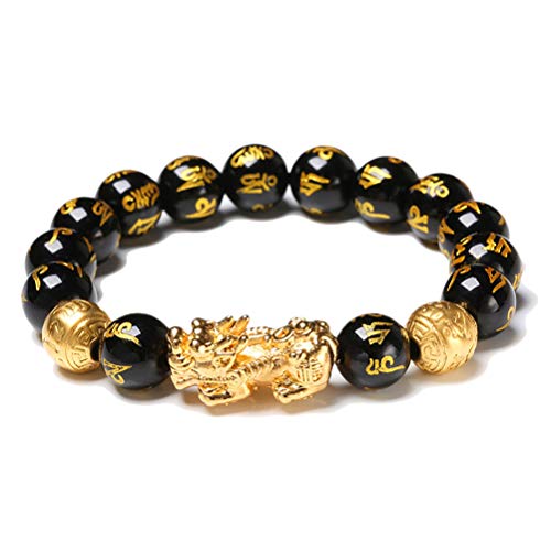 Edinber Pulsera de riqueza de obsidiana negra,Pulsera de cuentas de feng Shui chino,Pulsera de amuleto rico de la suerte de oro Pi Xiu,Amuleto tallado a mano para la riqueza de la buena suerte